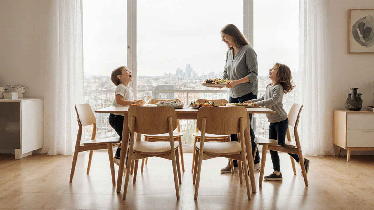 Familie bewegt sich frei um einen modernen Esstisch, genügend Platz hinter den Stühlen.