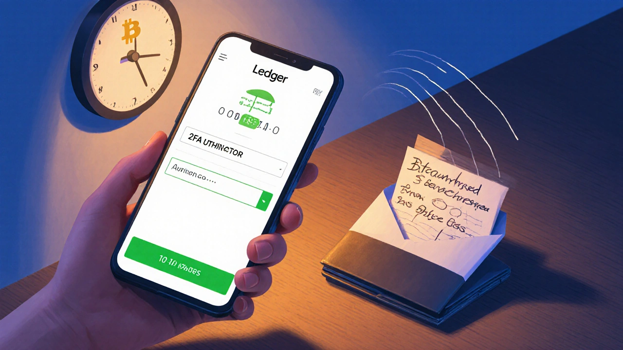 Hand nutzt Smartphone für 2FA, überträgt Bitcoin auf ein Ledger‑Gerät neben einer Seed‑Phrase.