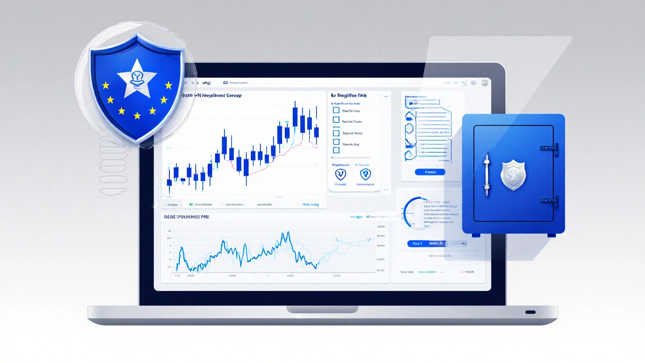 Laptop mit Exchange‑Dashboard, KYC‑Check und Symbolen für Regulierung und Cold‑Storage.