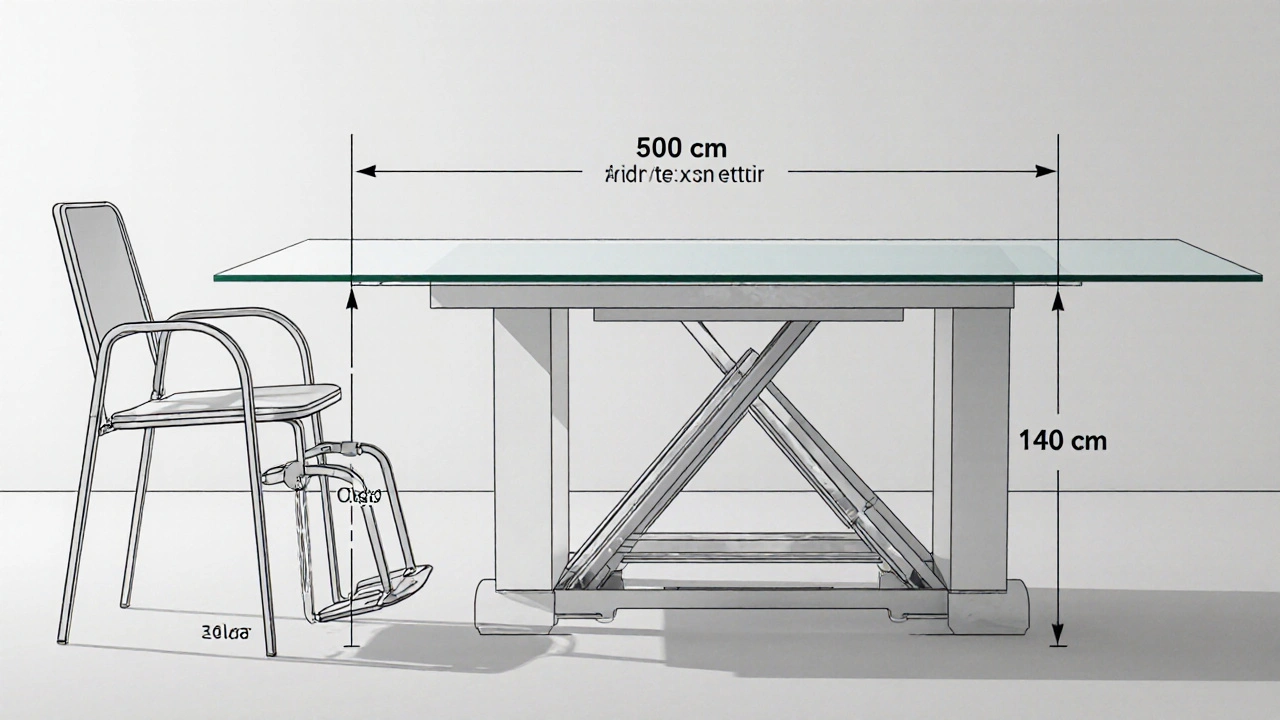 Technische Zeichnung mit Maßen für einen barrierefreien Essbereich mit Rollstuhl und Auszugstisch.