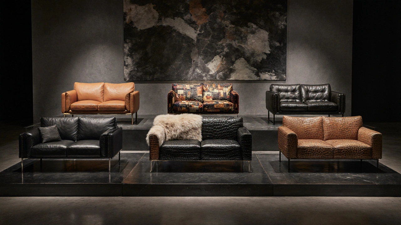 Anzeige verschiedener Luxussofas von Top‑Marken, betont Materialien und Design.