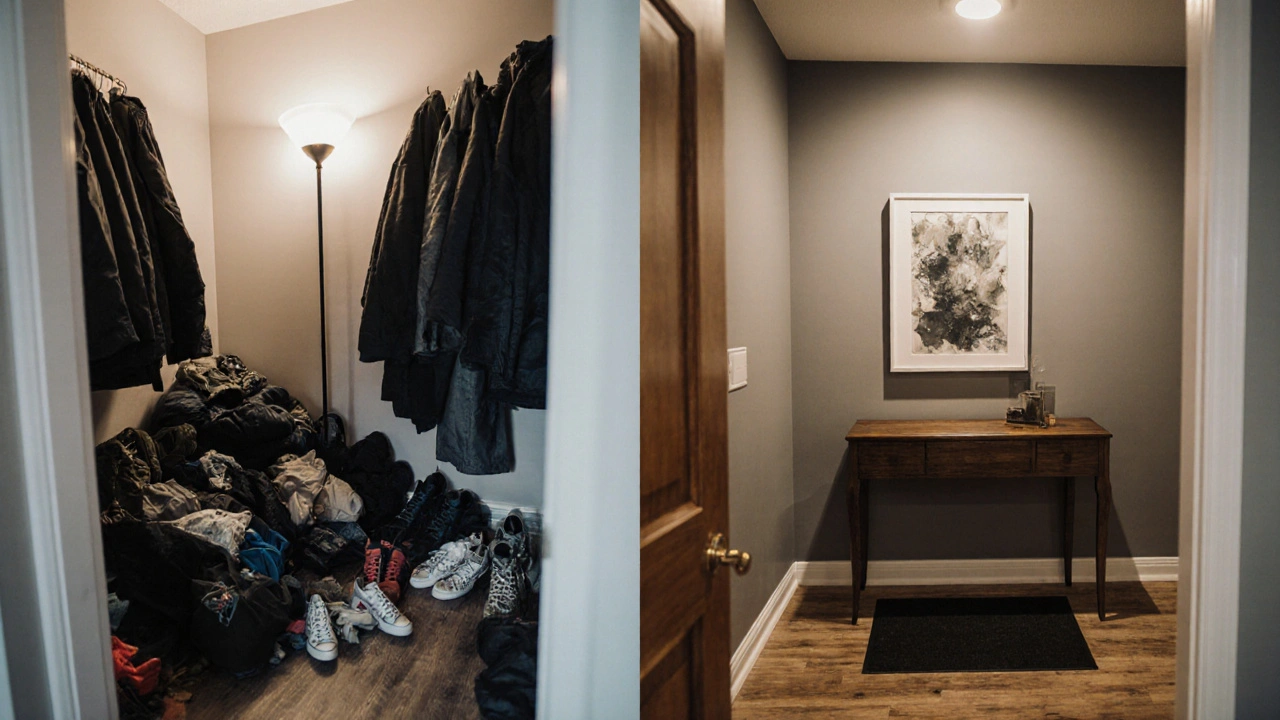 Before-and-after of a cluttered entryway transformed into a clean, welcoming space.