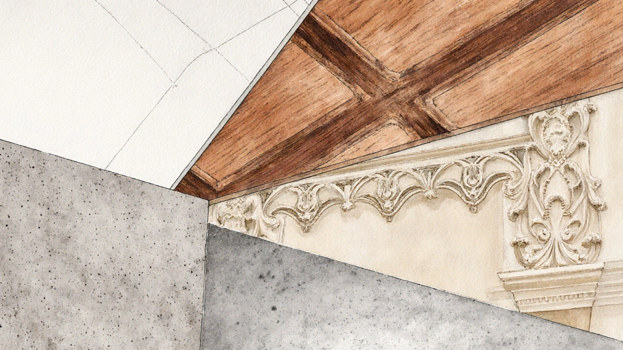 Collage verschiedener Deckenmaterialien: Gipskarton, Holzpaneele, Stuck, Spanndecke, Beton.