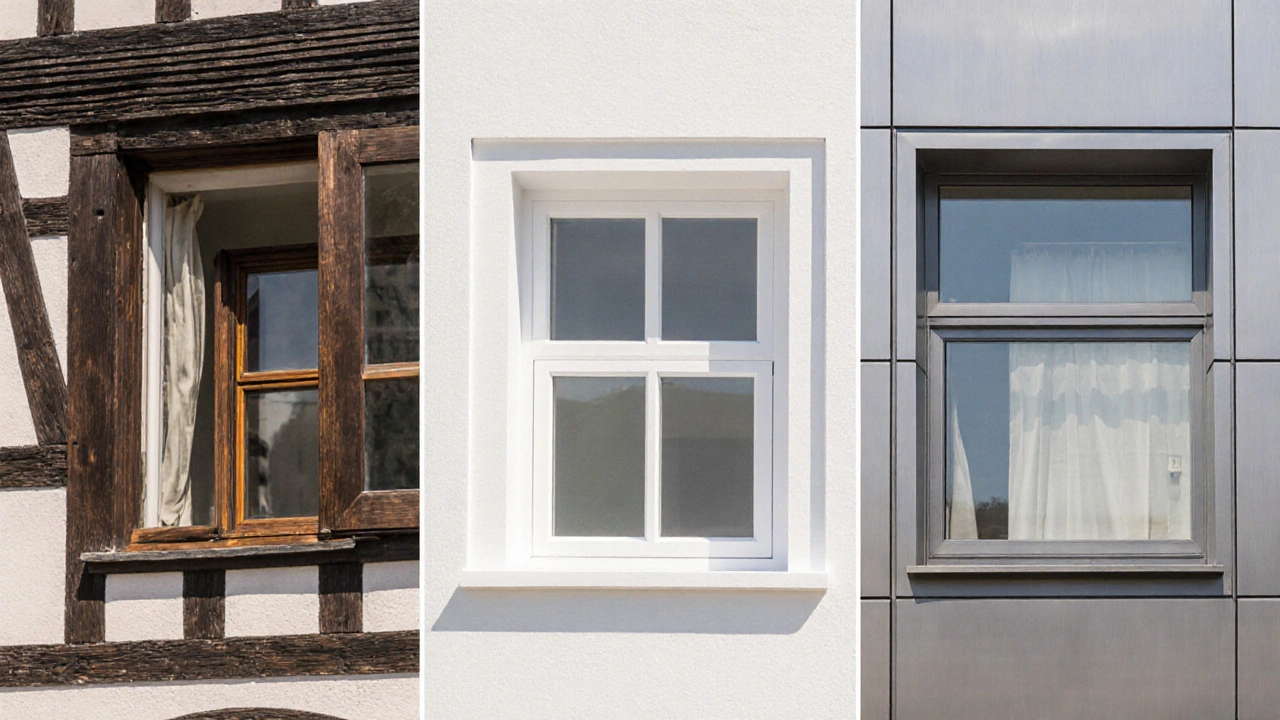 Drei Gebäude zeigen Holz‑, PVC‑ und Aluminium‑Renovierungszargen in unterschiedlichen Stil‑Umgebungen.