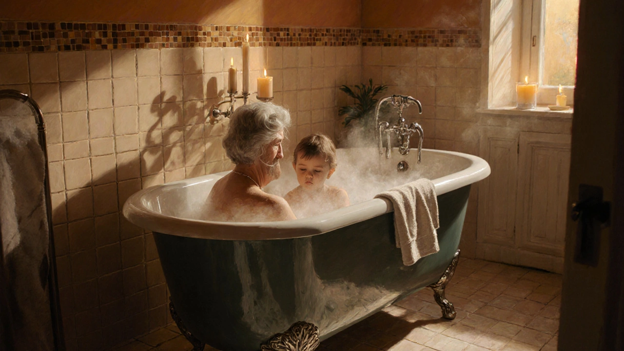 Familie nutzt eine klassische Stahl‑Emaille‑Badewanne in einem warm beleuchteten, zeitlosen Badezimmer.
