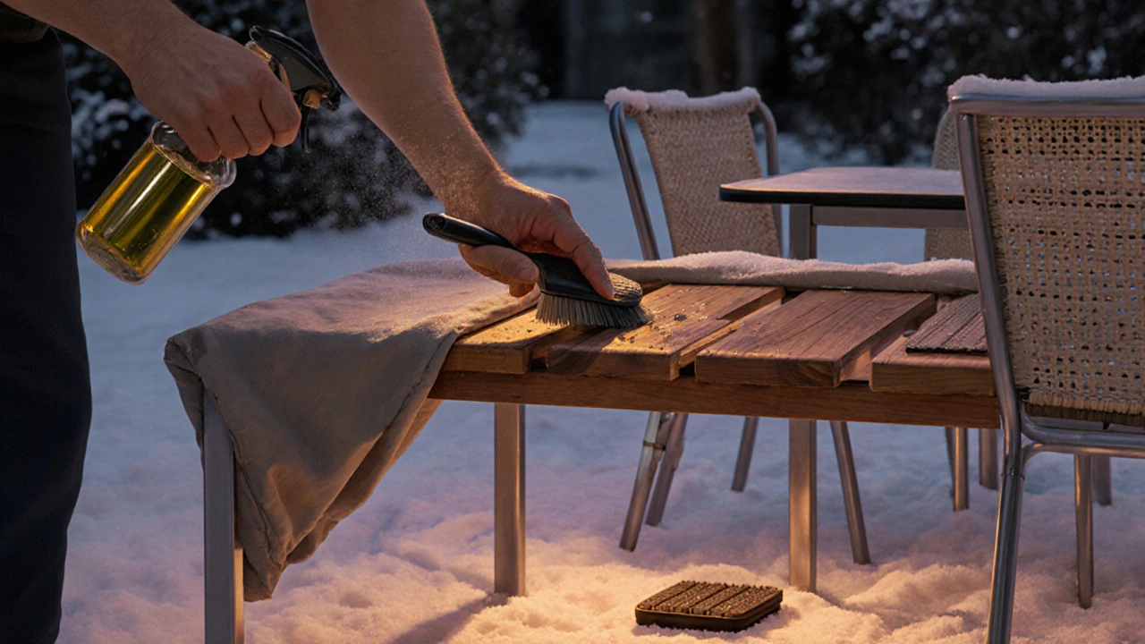 Gärtner trägt Öl auf Teak und Metall auf, deckt Polyrattan ab, legt Unterlagen unter Möbel.