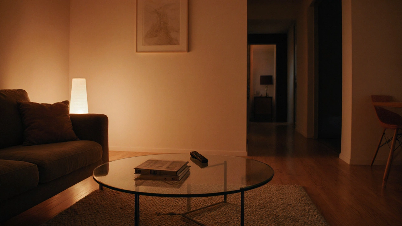 Gemütliches Wohnzimmer am Abend, runder Glas‑Couchtisch, warme Beleuchtung.