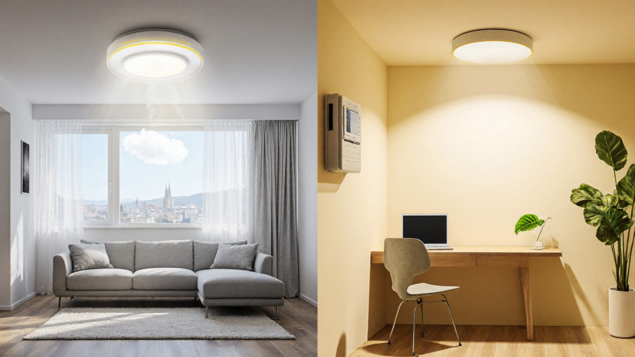 Geteilte Wohnungsansicht: Links ein helles LED-Licht mit großem Stromzähler und leichtem CO₂‑Wolkenhauch, rechts ein sanftes LED-Licht, kleinerer Zähler und ein grünes Blatt.