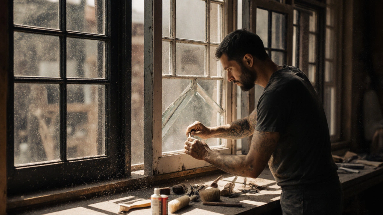 Handwerker installiert Vakuumglas in einen alten Holzrahmen in der Werkstatt.