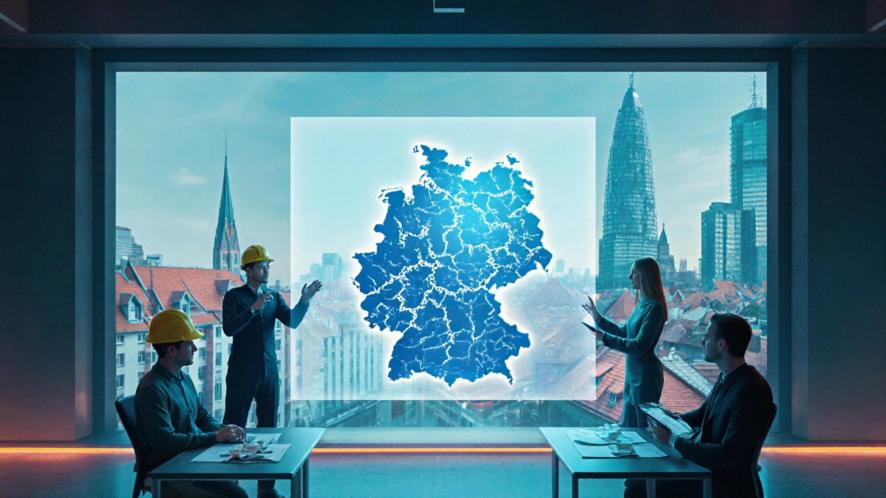 Holografischer Arbeitsbereich mit Architekten, die vereinheitlichte Bauvorschriften visualisieren.