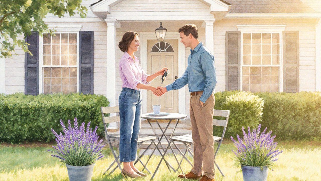 Homeowner handing keys to buyer in a staged garden with soft afternoon light.