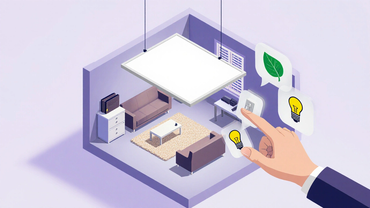 Isometrischer Grundriss eines Hauses: Helles LED-Panel im Wohnzimmer, moderates LED über dem Schreibtisch im Home‑Office, Hand greift nach einer Glühbirne, Symbole für Geldbörse, Blatt und Dimmer schweben.