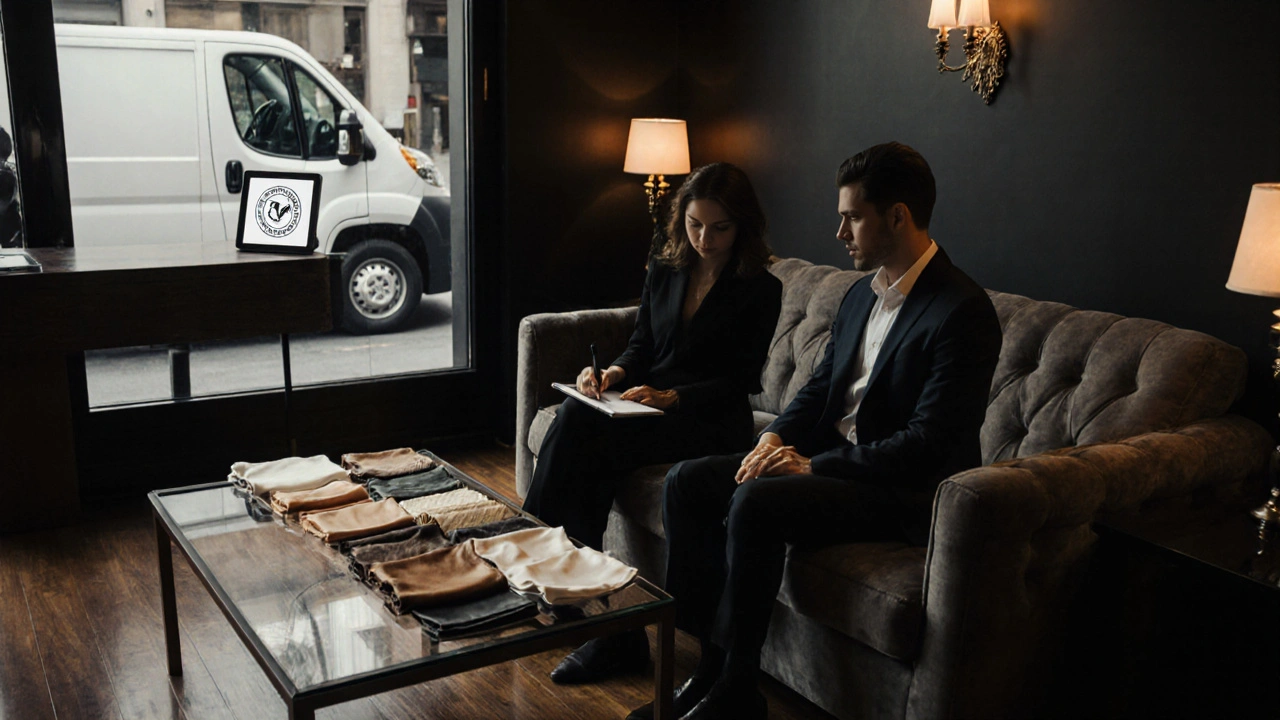 Kunde und Designer besprechen Maßanfertigung eines Luxus‑Sofas in eleganter Boutique.