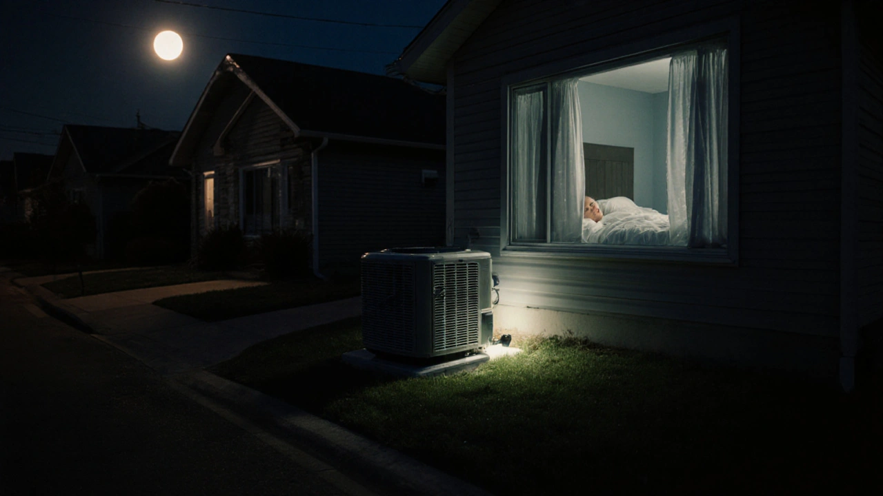 Nächtliche Szene einer ruhigen Wärmepumpe, die nicht auf Schlafzimmerfenster gerichtet ist, mit schlafendem Bewohner im Hintergrund.