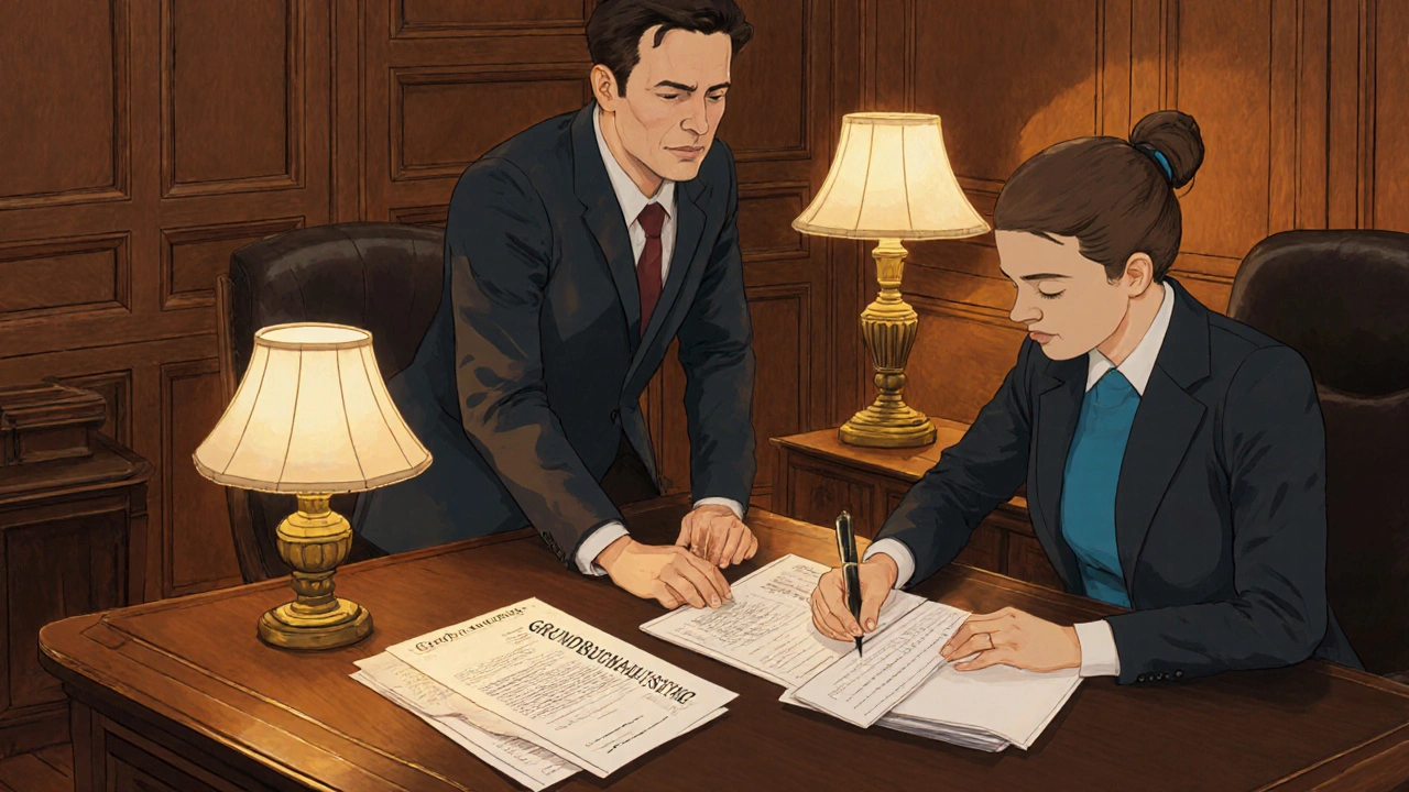 Notar beglaubigt einen Immobilienkauf mit professioneller Übersetzung.