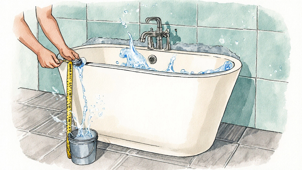Person misst und testet die Armaturposition vor der Badewanne.