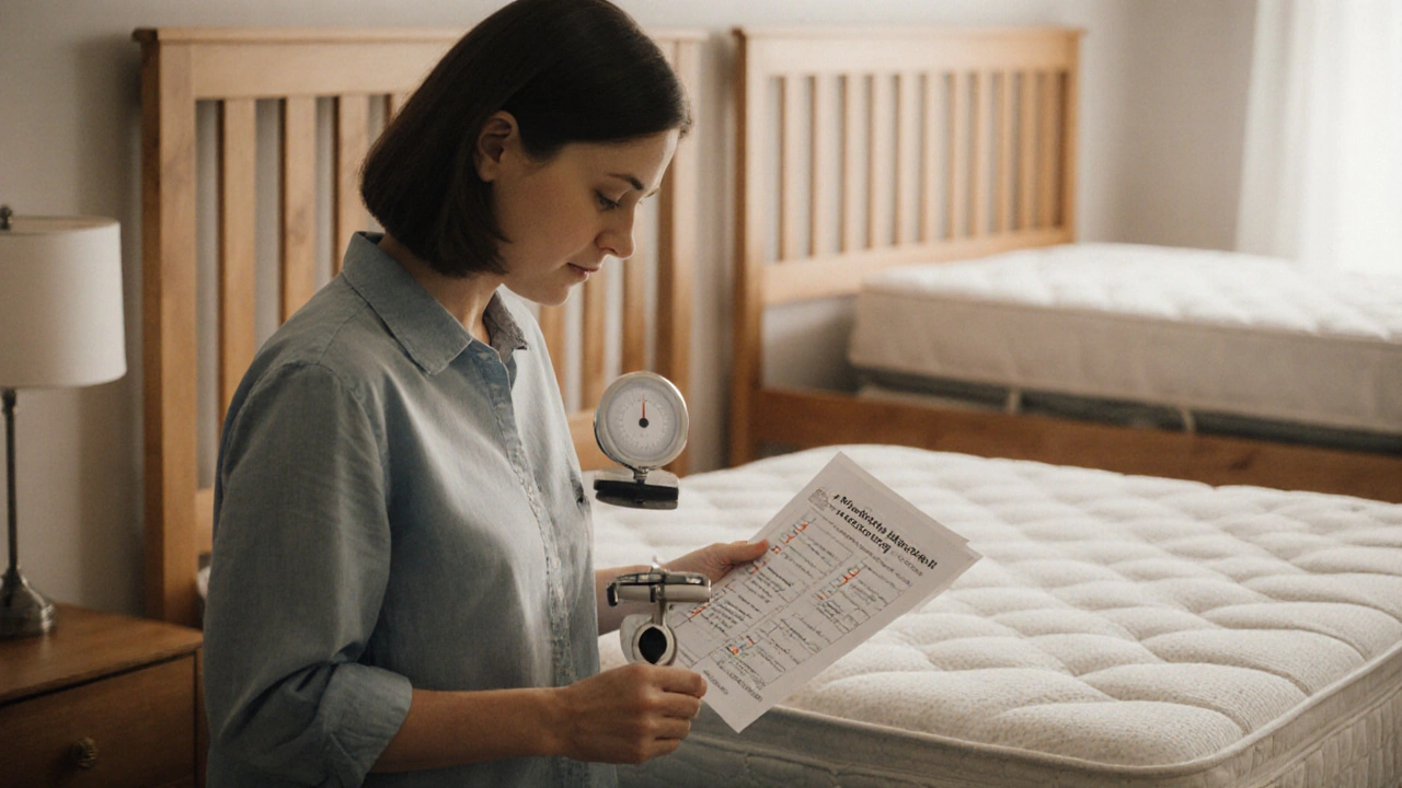 Person prüft Checkliste und Waage neben Boxspringbett, überlegt Topper-Nutzung.