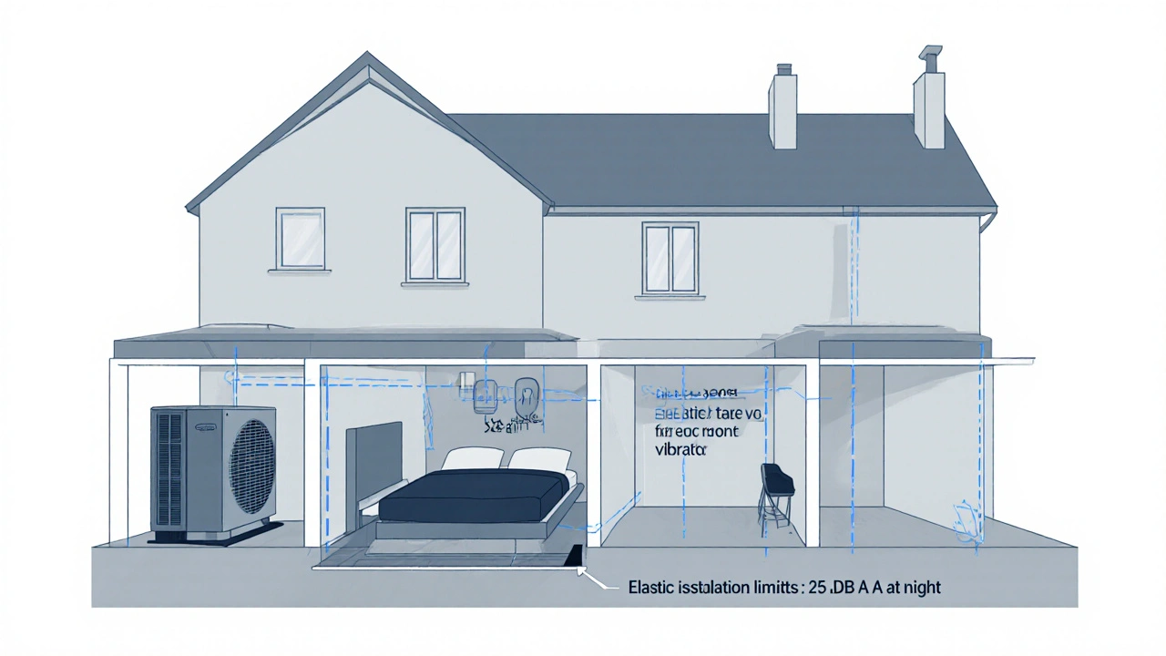 Querschnitt eines Reihenhauses mit Schallübertragung durch Betonplatte und elastische Auflager zur Dämpfung.