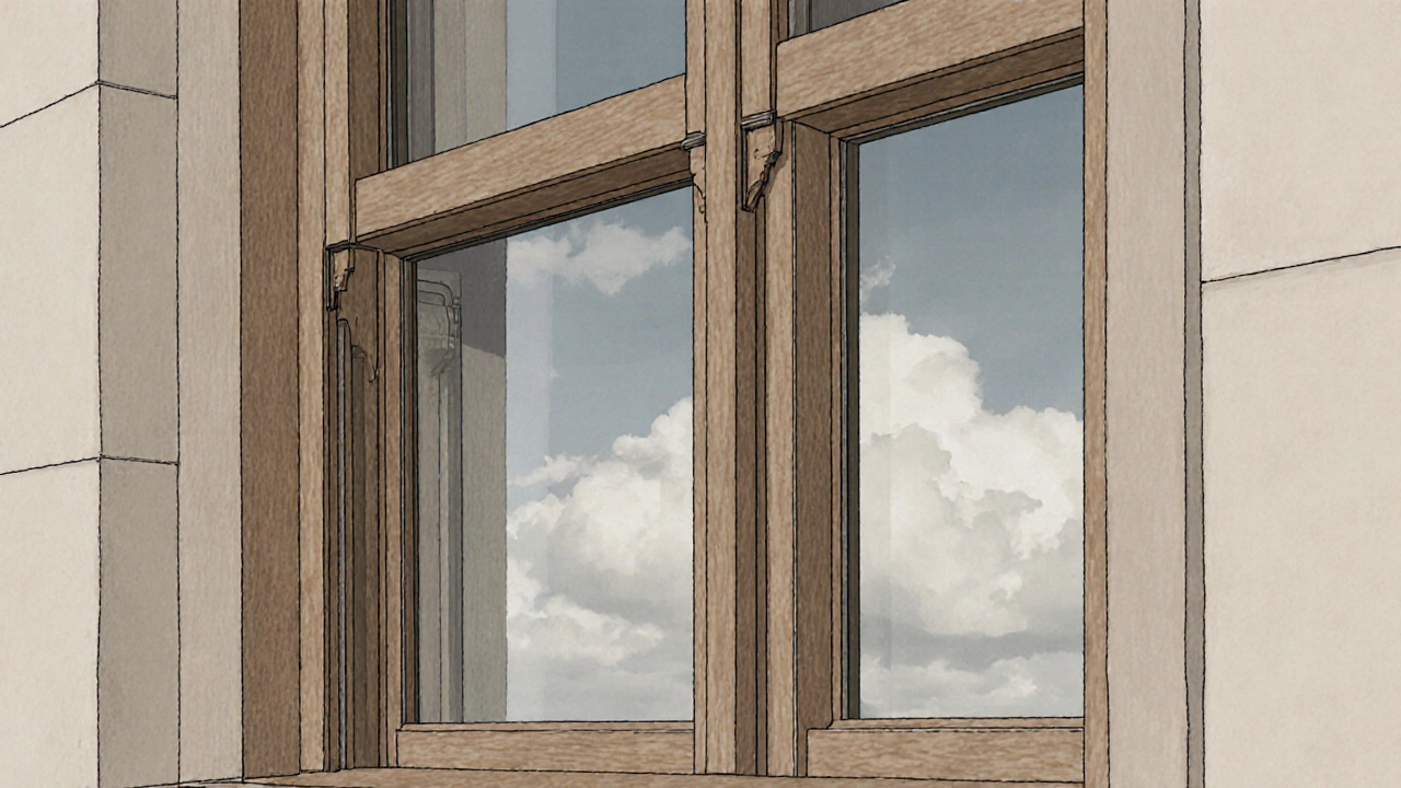 Querschnitt eines restaurierten Doppelfensters mit Luftzwischenraum und isolierendem Glas.