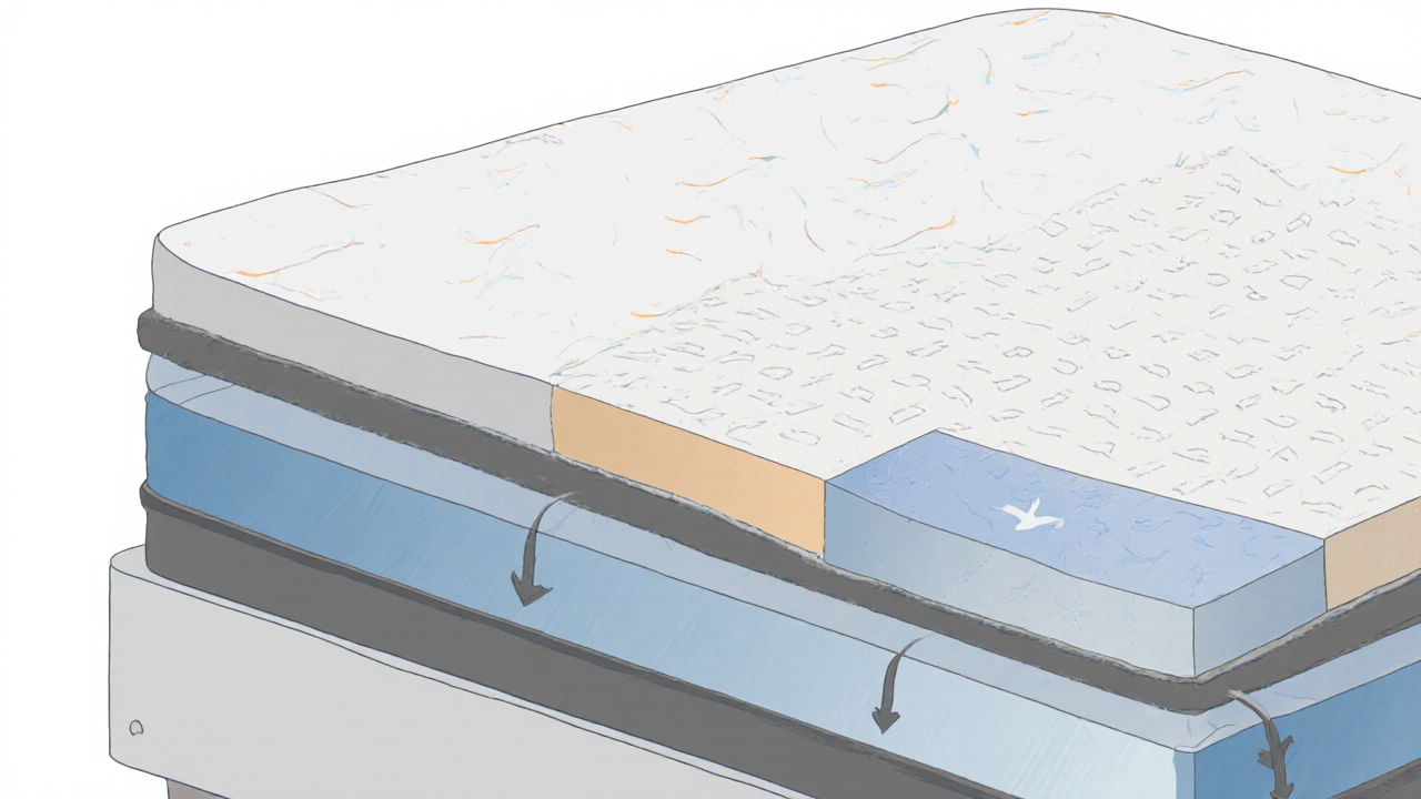Querschnitt-Illustration eines Boxspringbetts mit Topper, zeigt Schichten und Druckverteilung.