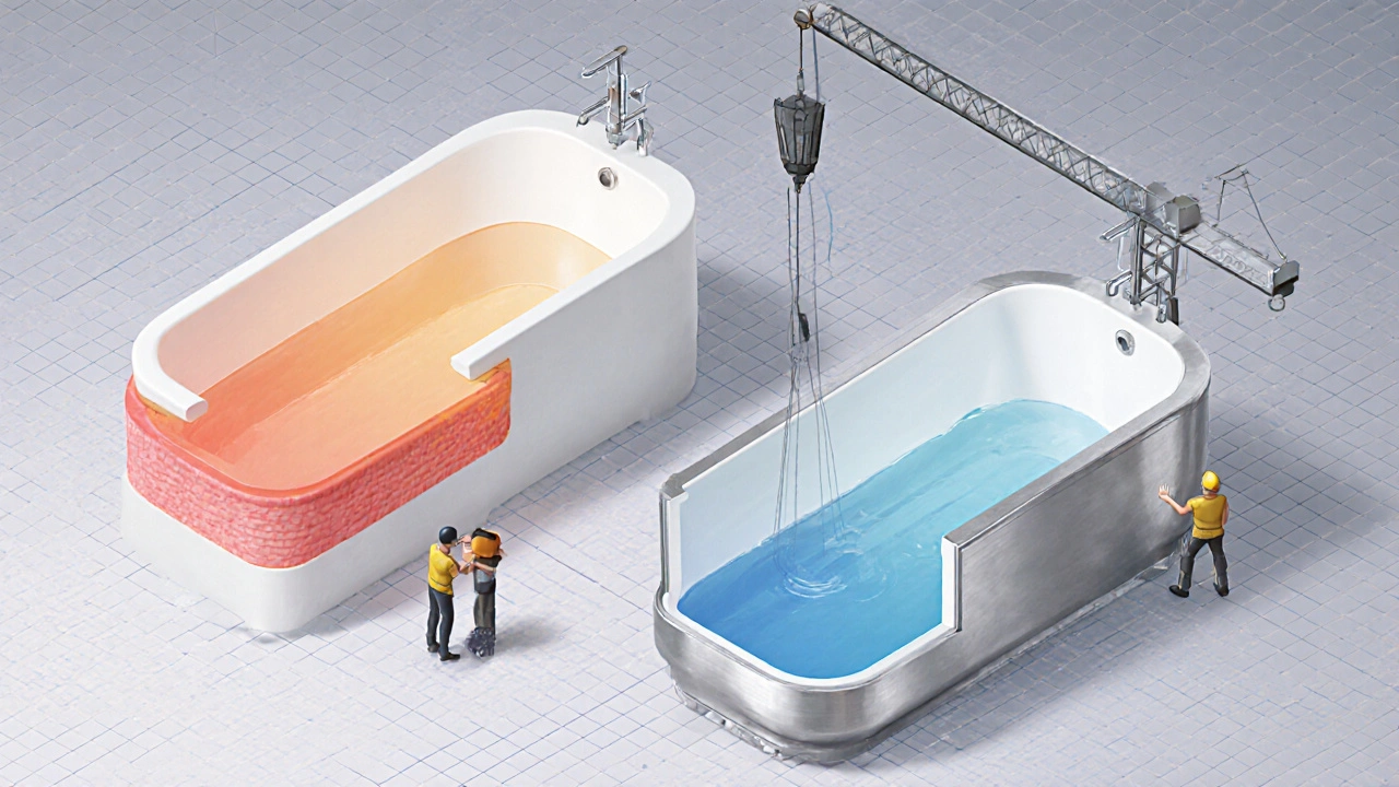 Querschnitt-Illustration zeigt Aufbau und Wärmeverhalten von Acryl‑ und Stahl‑Emaille‑Badewanne sowie deren Installation.