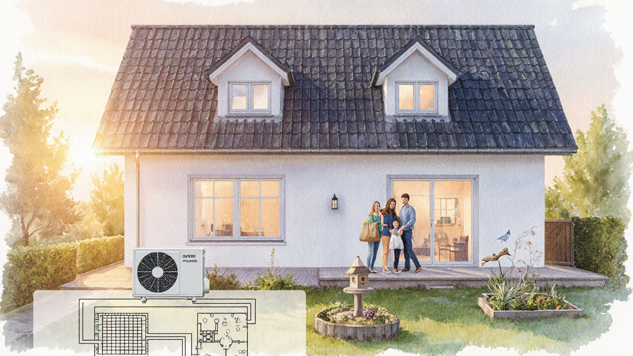 Renoviertes Haus bei Sonnenaufgang, moderne Anschlüsse und glückliche Familie im Vorgarten.