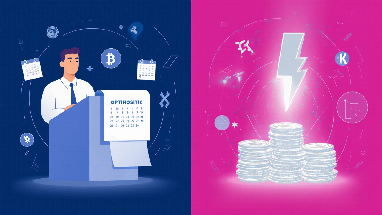 Teil‑Bild zeigt links Optimistic Rollup mit 7‑Tage‑Challenge, rechts ZK‑Rollup mit sofortigem Kryptoproof.