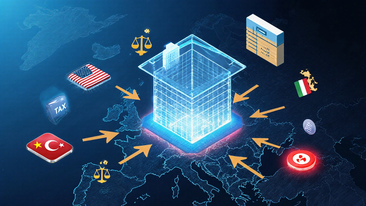 Transparentes Haus über Europa mit rechtlichen Symbolen für Immobilienkauf.