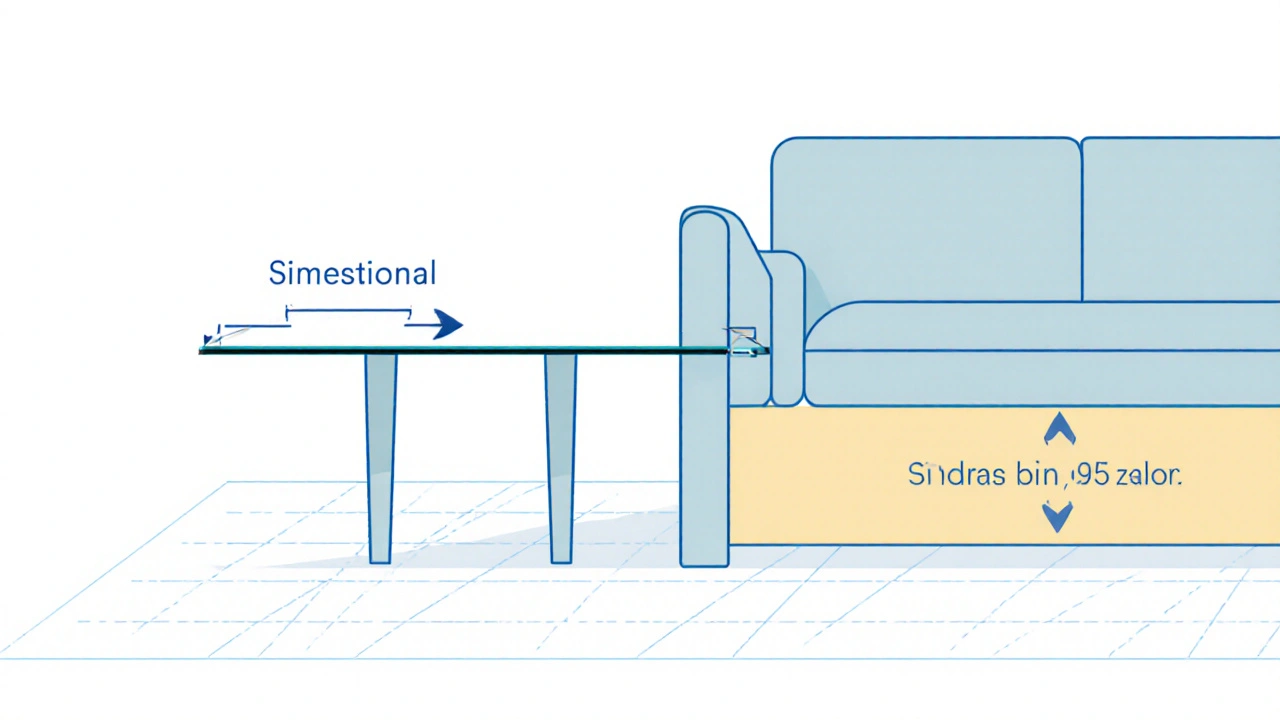 Vektorzeichnung mit Maßangaben für Höhe, Länge und Abstand eines Glas‑Couchtisches.