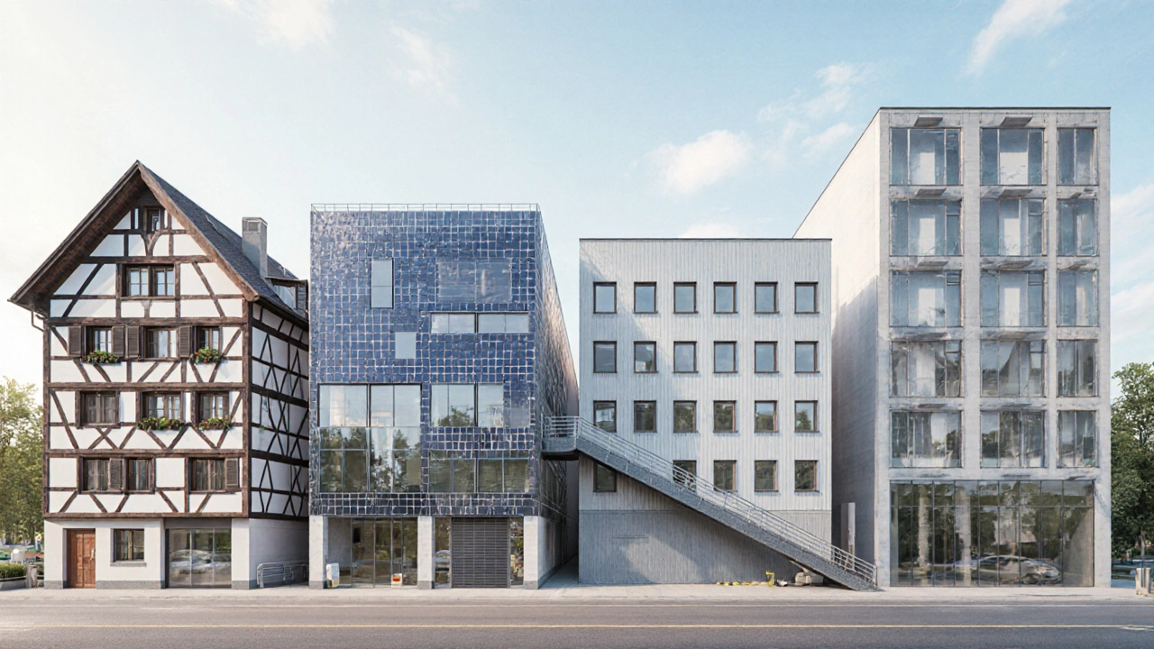 Vier benachbarte Gebäudeteile zeigen regionale Bauunterschiede von Bayern bis Berlin.