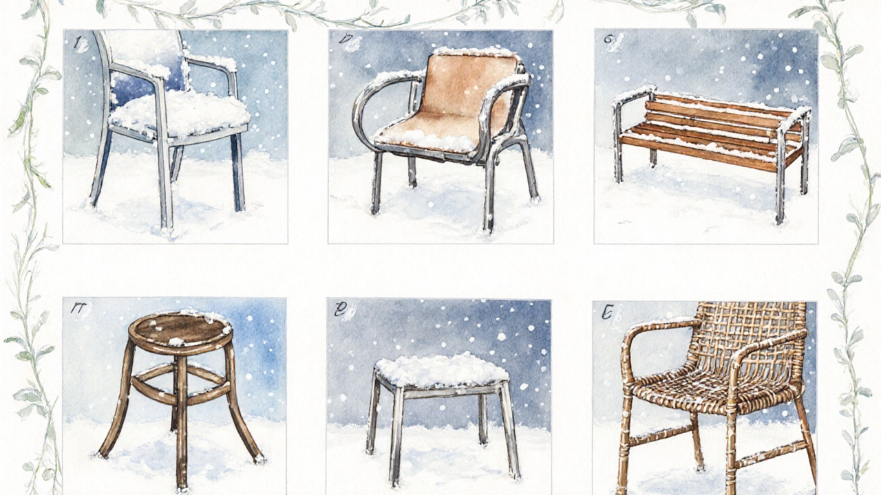 Wasserfarbige Panels zeigen sechs Materialien im Wintertest: Aluminium, Edelstahl, Teak, Kunststoff, Polyrattan, Rattan.