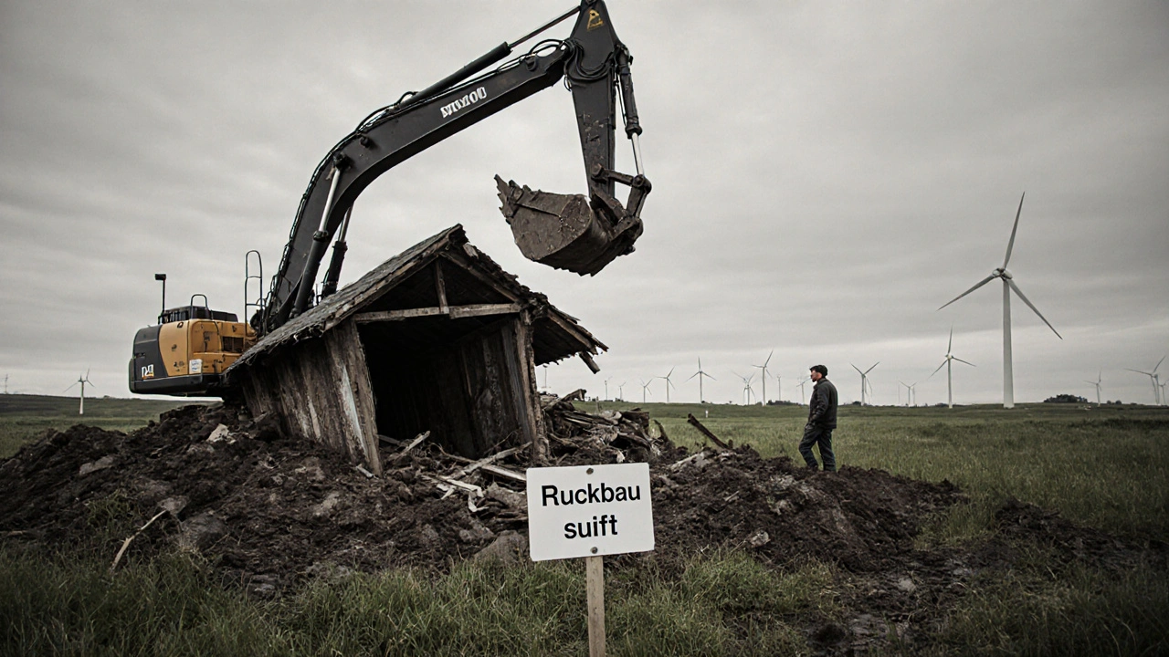Abgebautes Gebäude im Außenbereich unter schwerer Maschinerie, Bauer beobachtet aus der Ferne.