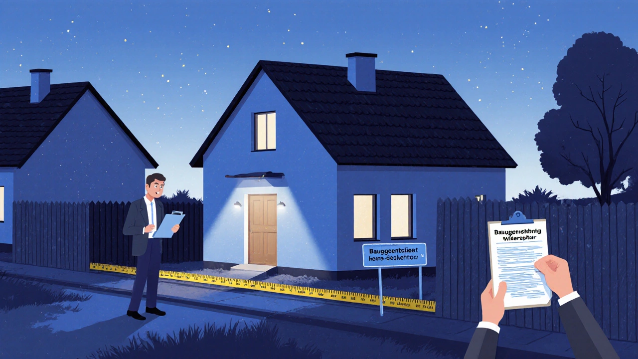 Bauarbeiten nahe der Grundstücksgrenze mit Messband und Gesetzesdokumenten.