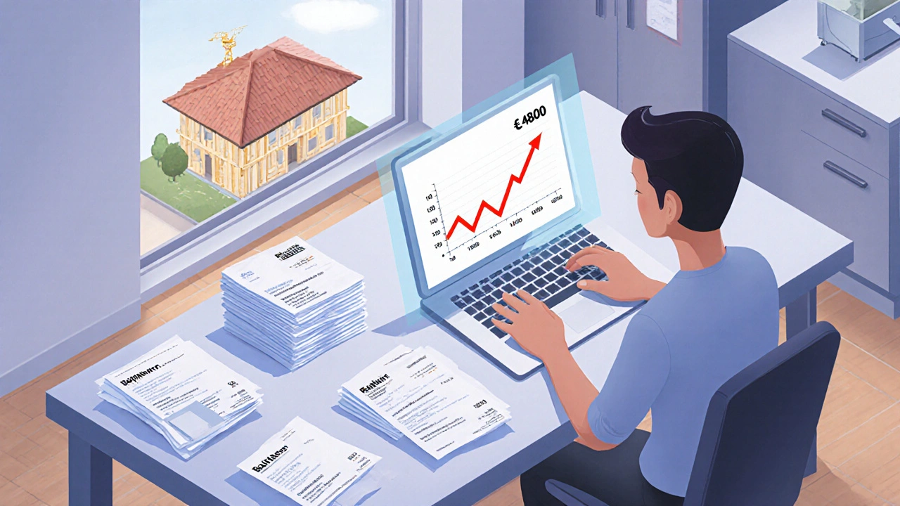Bauherr lädt Rechnungen von Handwerkern online hoch, während eine Zinsersparnis-Anzeige im Hintergrund erscheint.