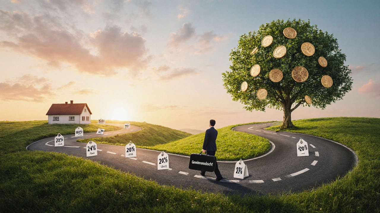 Ein 50-jähriger Zeitstrahl mit jährlichen 2%-Symbolen führt von einer Immobilie zu einem Baum mit Münzen als Blättern.