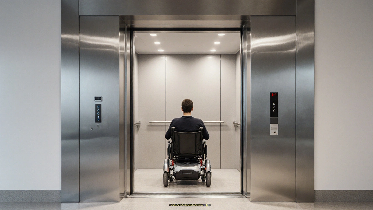 Ein barrierefreier Aufzug mit 90 cm Türbreite und einem Elektrorollstuhl im Inneren.