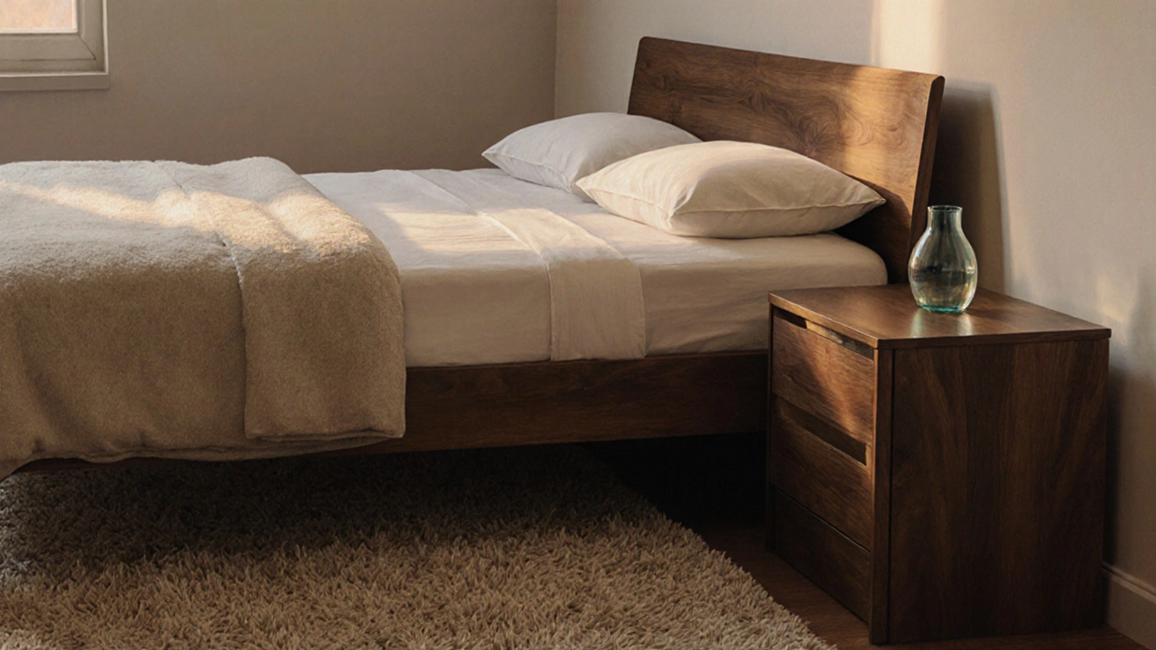 Ein Schlafzimmer mit Holzbett, Wollteppich und Glasvase bei morgendlichem Licht.