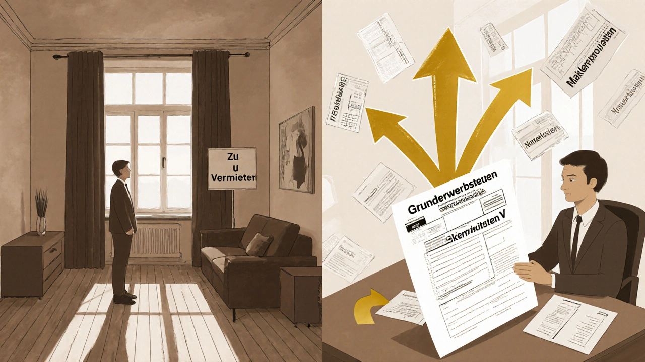 Eine leere Wohnung mit &#039;Zu Vermieten&#039;-Schild und daneben Dokumente mit steuerlich absetzbaren Kosten.