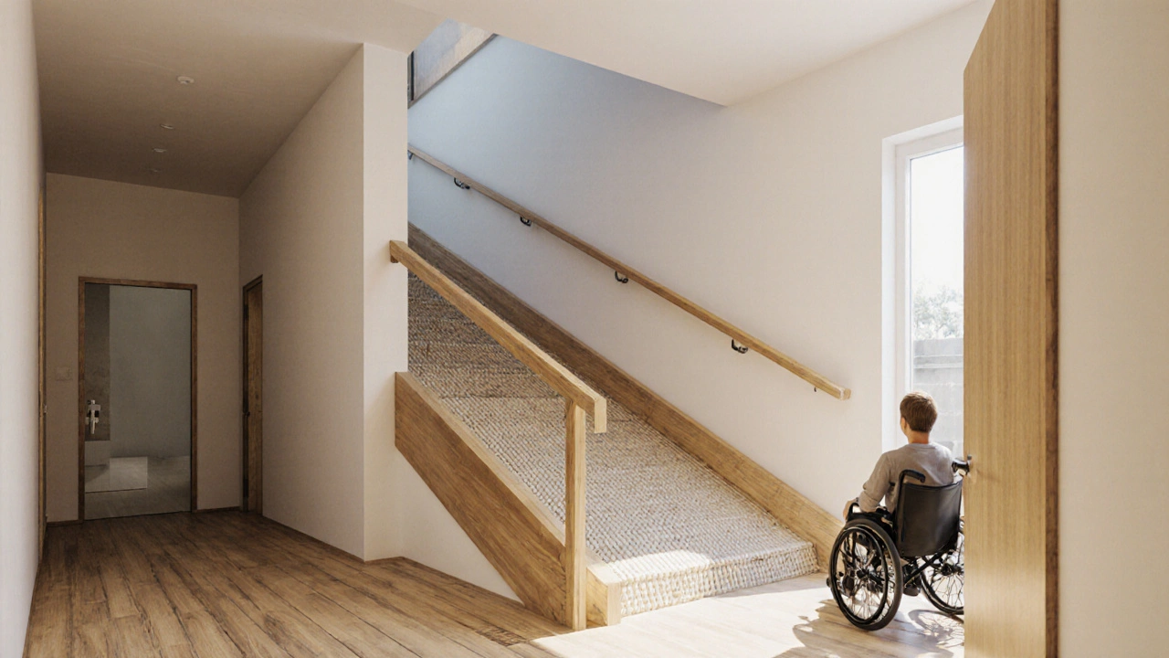 Eine sanfte Holzrampe mit Handläufen und rutschhemmender Oberfläche, die eine Schwelle überwindet.