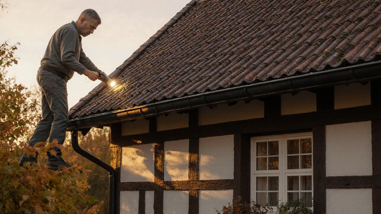 Einfamilienhaus mit intaktem Ziegeldach und sauberen Dachrinnen im Abendlicht