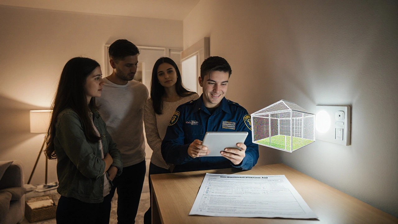 Familie betrachtet digitales Energie-Modell ihres Hauses mit Smart-Home-Technik