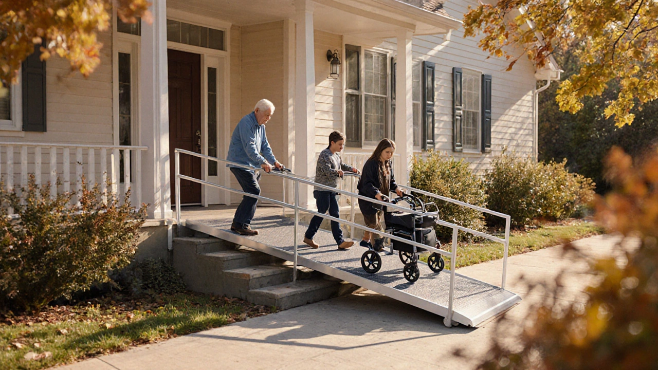 Familie nutzt eine Aluminiumrampe mit Rollator, Kinderwagen und Handlauf in sicherer Steigung.
