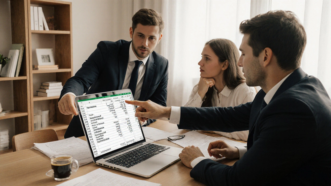 Finanzberater zeigt einem Paar eine Tabelle mit Kaufnebenkosten im Büro