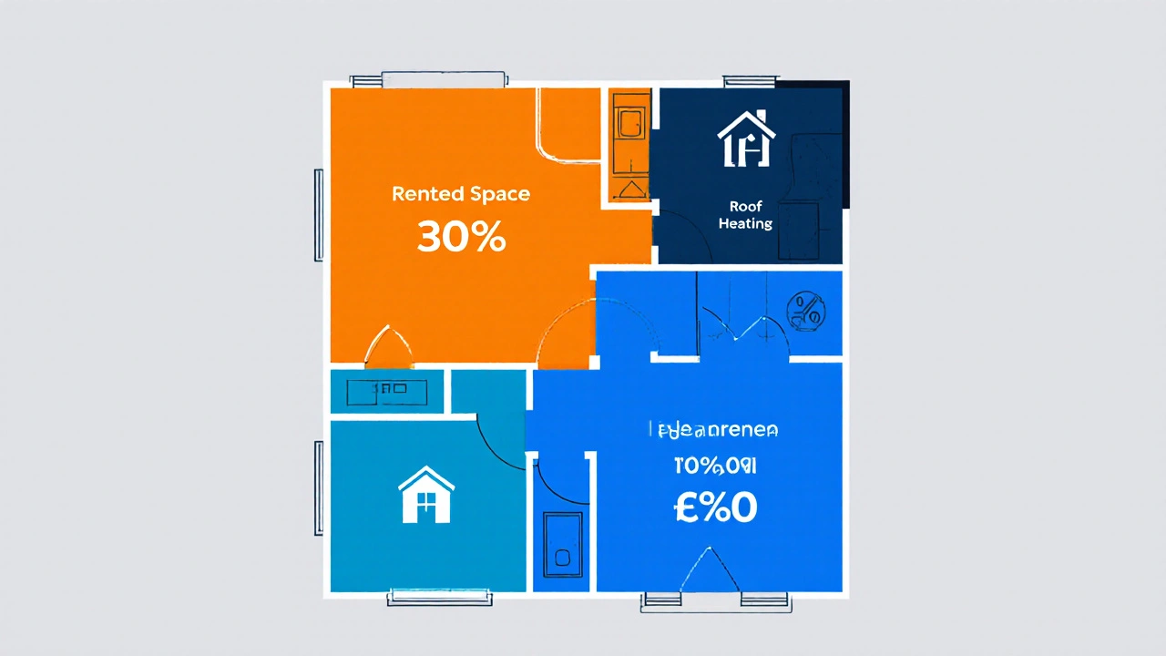 Grundriss mit farblich gekennzeichneten Anteilen für selbstgenutzte und vermietete Fläche