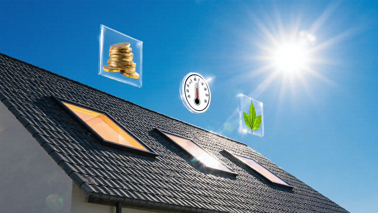 Haus mit energieeffizienten Dachfenstern, die Einsparungen und Umweltvorteile symbolisieren.