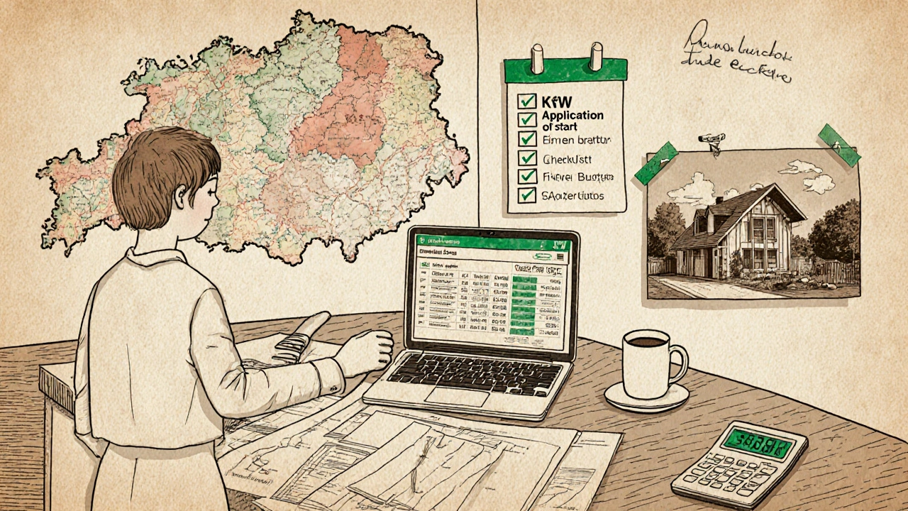 Hausbesitzer analysiert Sanierungskosten an einem Tisch mit BKI-Datenbank, Plänen und Checkliste.