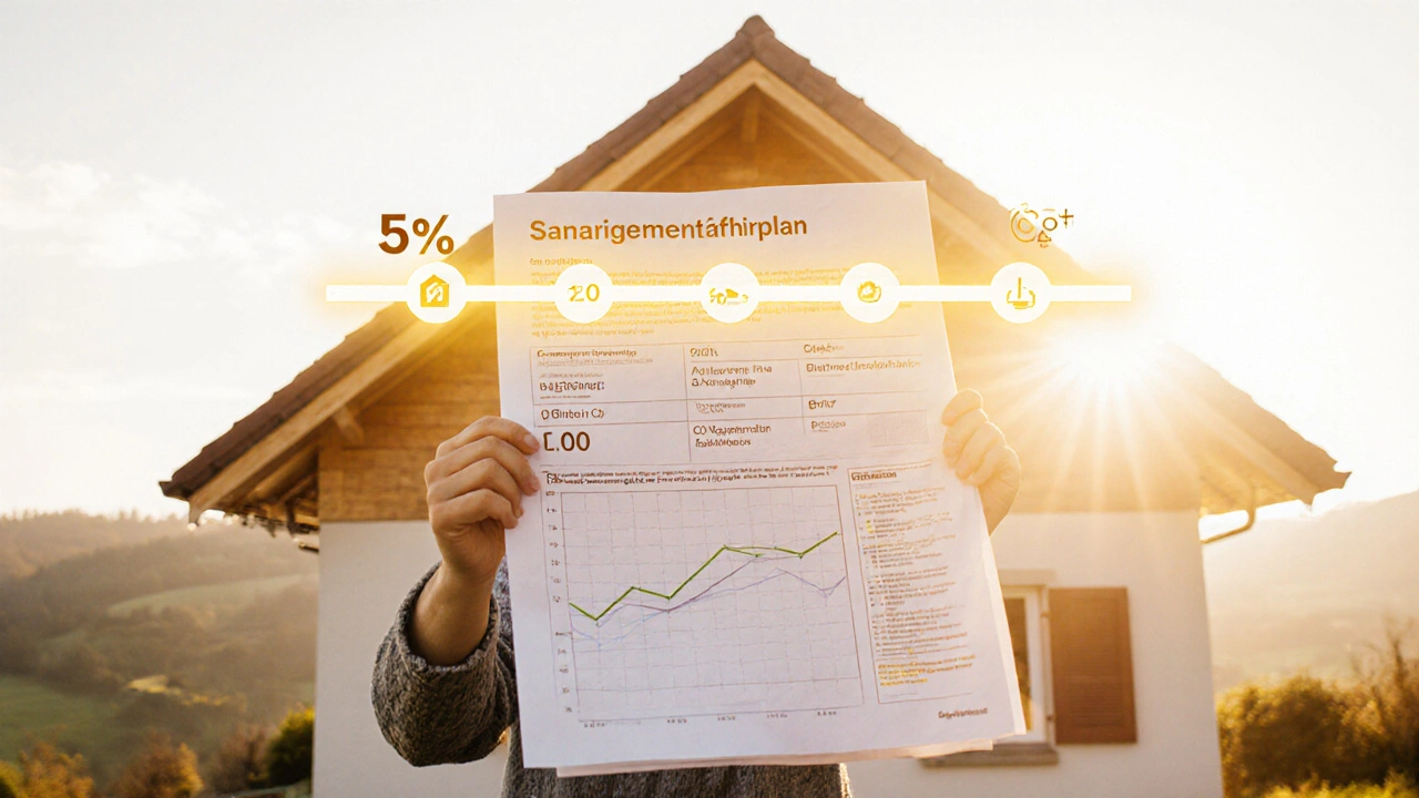Hausbesitzer hält den Sanierungsfahrplan, während das sanierete Haus Energieeinsparungen symbolisiert.