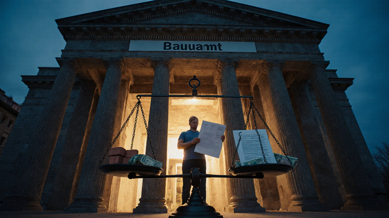 Hausbesitzer vor Bauamt, zwischen genehmigtem Ausbau und ablehnendem Bescheid.