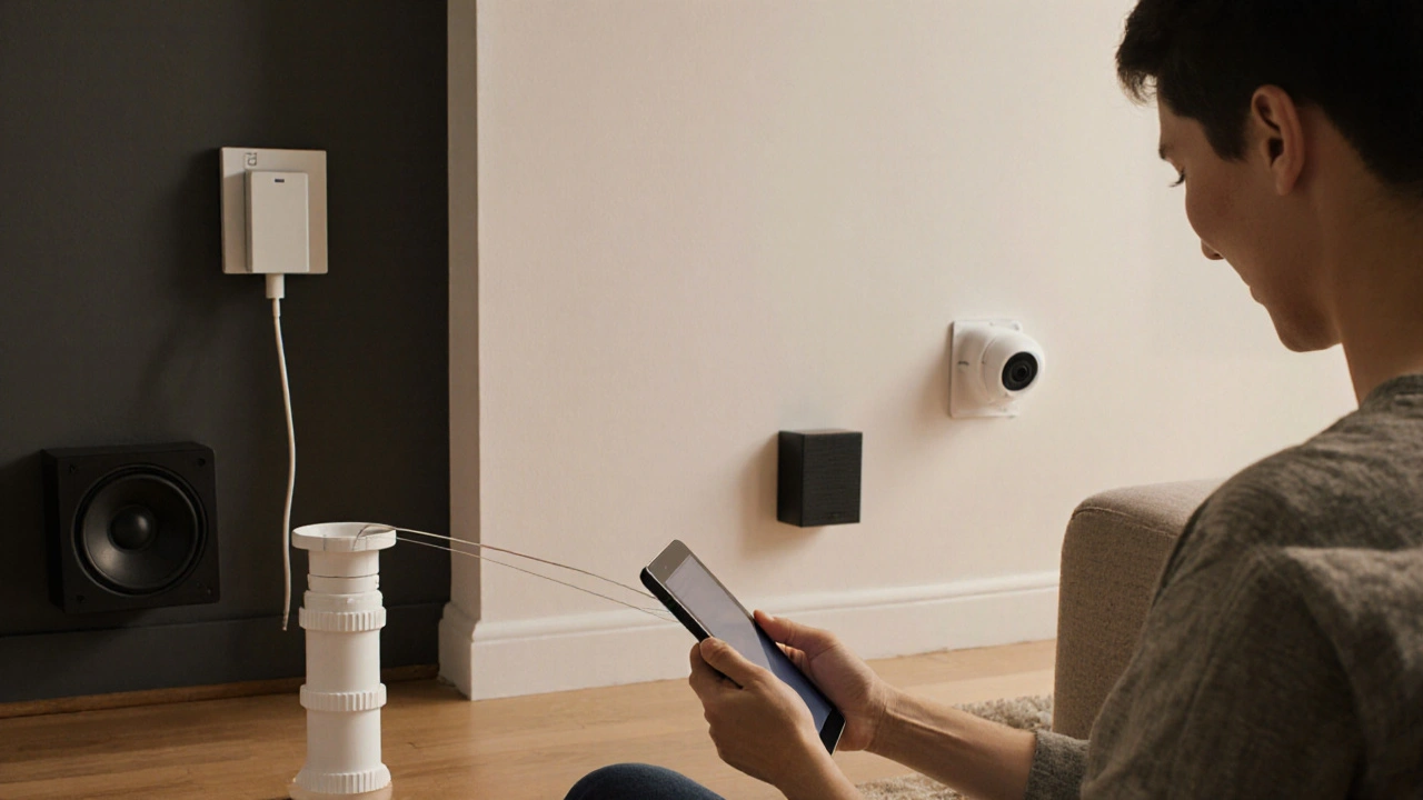 Hausbesitzer zieht Glasfaserkabel durch ein Leerrohr im Boden, während Smart-Home-Geräte im Hintergrund sichtbar sind.