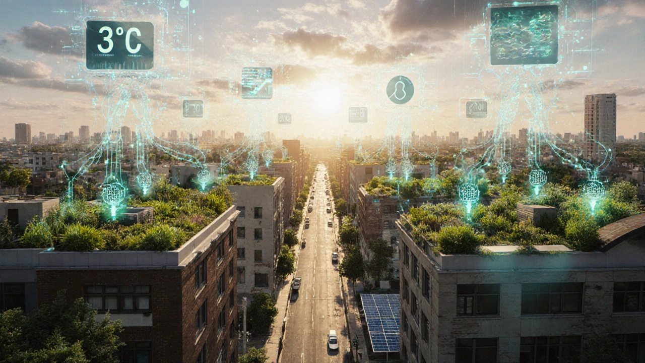 Intelligente Dachbegrünungsanlage mit Sensoren und automatisierter Bewässerung in städtischer Umgebung.